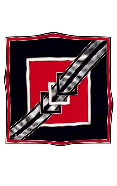 %100 Twill İpek Kareli Kazayaklı Desenli Siyah - Kırmızı Renkli 90x90 Eşarp Kenar Dikiş Şekli El Dikişli ürün görseli