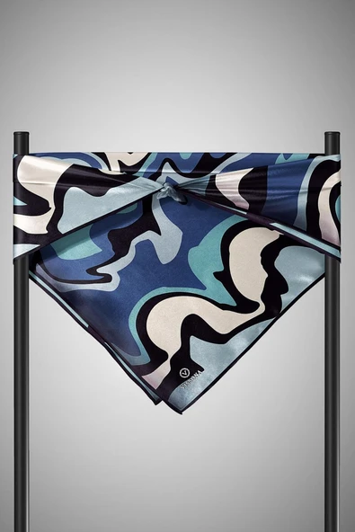 100% Twill İpek Dalga Desenli İndigo - Petrol Mavisi Renkli 90x90 Dikim Şekli : El Dikişi Eşarp - Resim 4