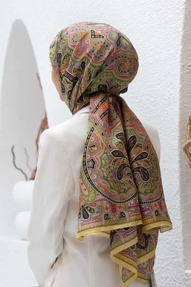 100% İpek Etro Desenli Limon Sarısı - Turuncu Renkli 92x210 Şal ürün görseli