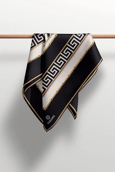 % 57 İPEK % 43 VİSKON Twill İpek Labirent Ve Geometrik Desenli Siyah - Krem Renkli 90x90 Eşarp Dikim Şekli : El Dikişi - Resim 3