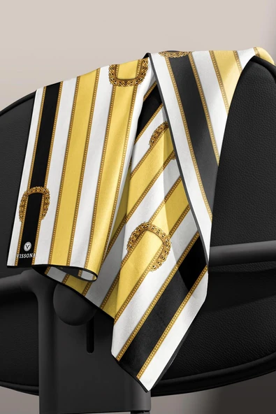 %100 Twill İpek Kemer Desenli Siyah - Limon Sarısı Renkli 90x90 Eşarp Dikim Şekli : El Dikişi - Resim 4