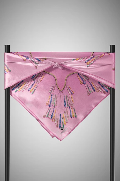 %100 Twill İpek Zincir Desenli Pudra Renkli 90x90 Eşarp Dikim Şekli : El Dikişi - Resim 5