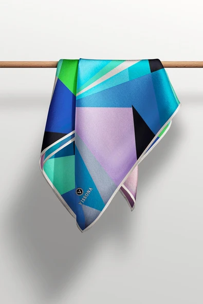 %100 Twill İpek Geometrik Desenli Zümrüt Yeşili - İndigo Renkli 90x90 Eşarp Dikim Şekli : El Dikişi - Resim 5