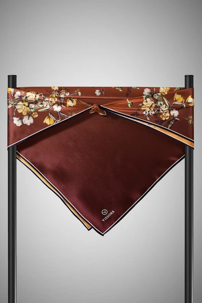 %100 Twill İpek Sonsuz Çiçek Desenli Taba Renkli 90x90 Eşarp Dikim Şekli : El Dikişi - Resim 3