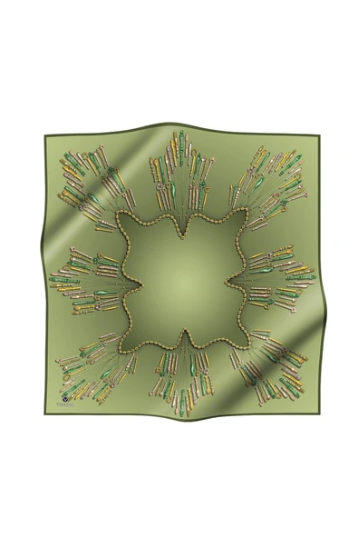 %100 Twill İpek Zincir Desenli Haki Renkli 90x90 Eşarp Dikim Şekli : El Dikişi - Resim 2
