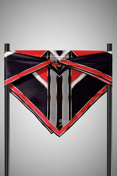 %100 Twill İpek Kareli Kazayaklı Desenli Siyah - Kırmızı Renkli 90x90 Eşarp Kenar Dikiş Şekli El Dikişli - Resim 5