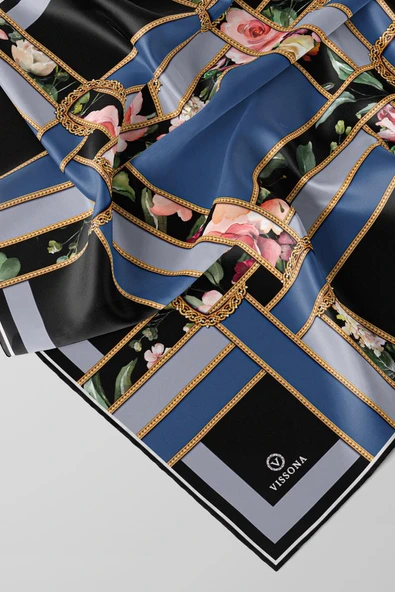 %100 Twill İpek Şeritleri Kemerli Ve Çiçek Desenli İndigo - Gri Renkli 90x90 Eşarp Dikim Şekli : El Dikişi - Resim 5