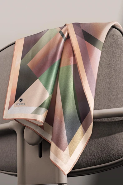 %100 Twill İpek Geometrik Desenli Bej - Haki Renkli 90x90 Eşarp Dikim Şekli : El Dikişi - Resim 3