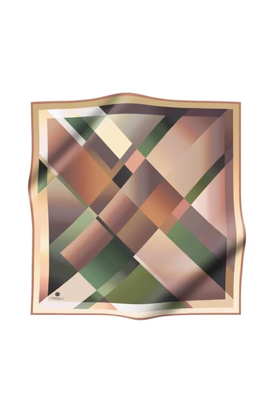 %100 Twill İpek Geometrik Desenli Bej - Haki Renkli 90x90 Eşarp Dikim Şekli : El Dikişi - Resim 2