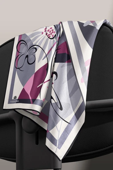 %100 Twill İpek Çiçek Desenli Gri - Siyah Renkli 90x90 Eşarp Dikim Şekli : El Dikişi - Resim 6