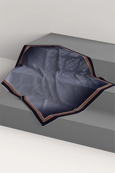 %100 Twill Barok Desenli Gümüş Renkli 90x90 Eşarp Dikim Şekli: El Dikişi - Resim 6
