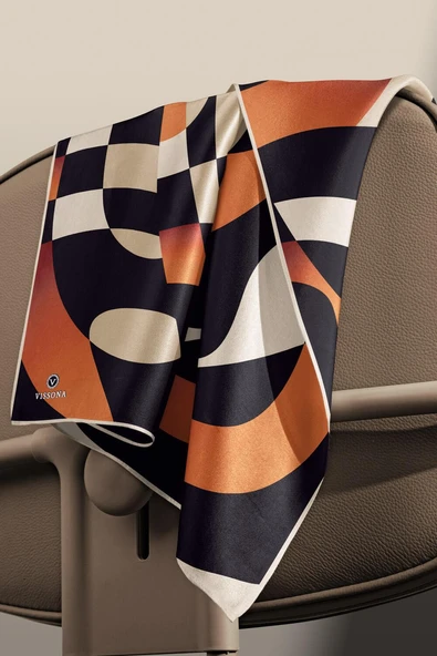 %100 Twill İpek Geometrik Desenli Taba - Bej Renkli 90x90 Eşarp Dikim Şekli : El Dikişi - Resim 3