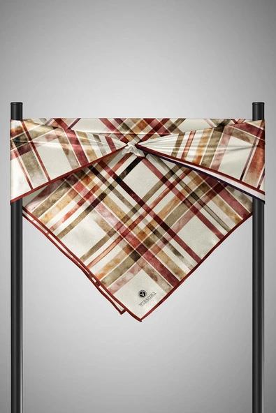 %100 Twill İpek Ekose Desenli Bordo - Haki Renkli 90x90 Eşarp Kenar Dikiş Şekli El Dikişli - Resim 5