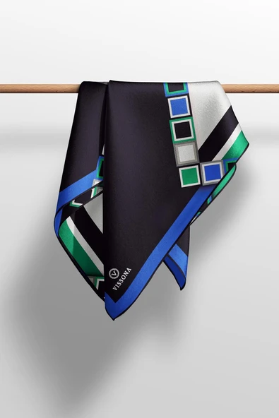 %100 Twill İpek Geometrik Desenli Saks - Zümrüt Yeşili Renkli 90x90 Eşarp Dikim Şekli : El Dikişi - Resim 4