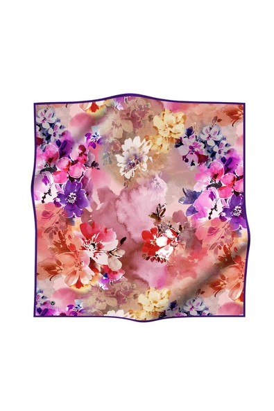 %100 Twill İpek Çiçek  Desenli Mor Renkli 90x90 Eşarp Dikim Şekli : El Dikişi - Resim 2