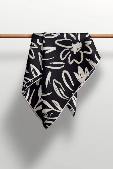 %100 Twill İpek Büyük Çiçek Desenli Siyah - Krem Renkli 90x90 Eşarp Dikim Şekli : El Dikişi - Resim 5