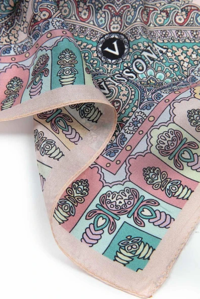 100% İPEK ETRO DESENLİ PUDRA RENKLİ ŞAL - Resim 4