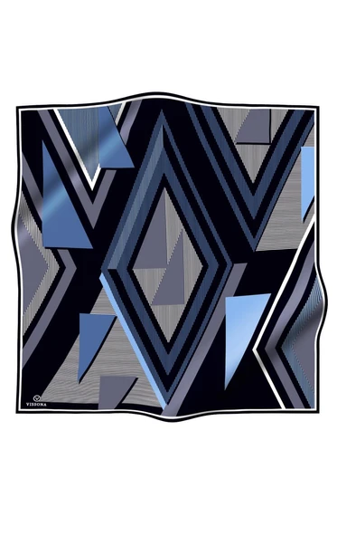 % 57 İPEK % 43 VİSKON Twill İpek Geometrik Desenli İndigo - Siyah Renkli 90x90 Eşarp Dikim Şekli : El Dikişi - Resim 2