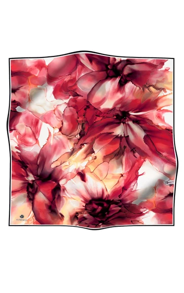 %100 Twill İpek Batik Çiçek Desenli Bordo - Hardal Renkli 90x90 Eşarp - Resim 2