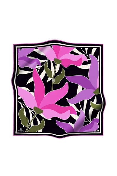 %100 Twill İpek Yaprak Desenli Lila - Pembe Renkli 90x90 Eşarp Dikim Şekli : El Dikişi - Resim 2