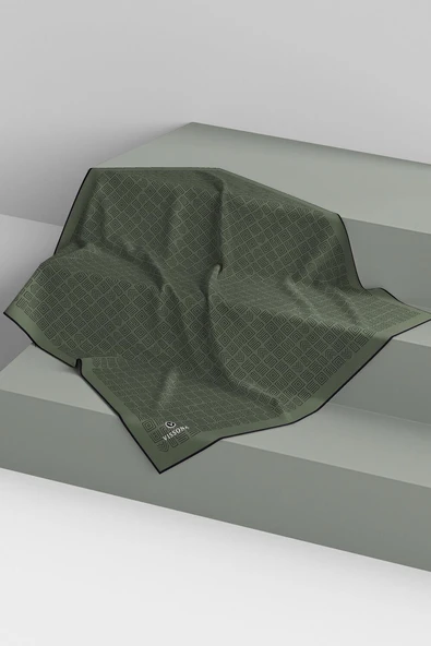 %57 İPEK %43 VİSKON Twill İpek Etnik Motif Desenli Haki - Siyah Renkli 90x90 Eşarp Dikim Şekli : El Dikişi - Resim 6