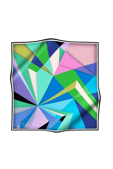 %100 Twill İpek Geometrik Desenli Zümrüt Yeşili - İndigo Renkli 90x90 Eşarp Dikim Şekli : El Dikişi - Resim 2