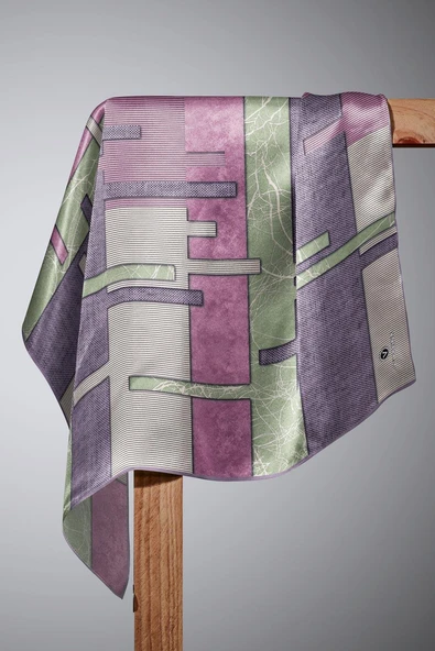 %100 Twill İpek Geometrik Desenli Lila Renkli 90x90 Eşarp Dikim Şekli : El Dikişi - Resim 6