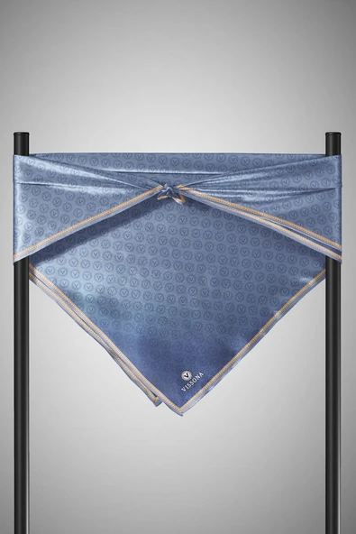 %100 Twill İpek Monogram Desenli İndigo Renkli 90x90 Eşarp Dikim Şekli : El Dikişi - Resim 6