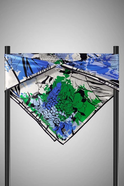 %100 Twill İpek Yaprak Desenli Saks - Zümrüt Yeşili Renkli 90x90 Eşarp Dikim Şekli : El Dikişi - Resim 5