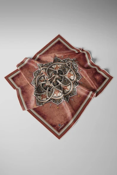 %100 Twill İpek Şal Desenli Taba - Siyah Renkli 90x90 Eşarp Dikim Şekli : El Dikişi - Resim 5