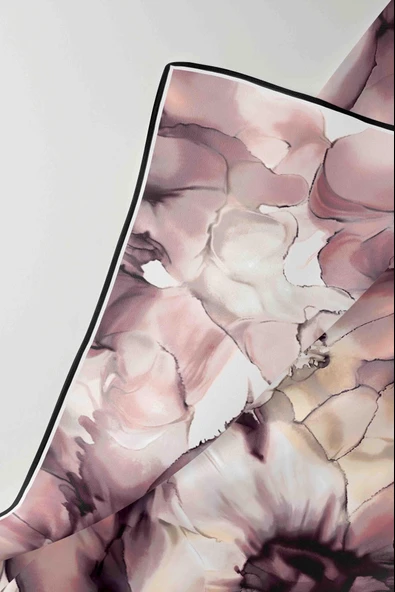 % 57 İPEK % 43 VİSKON Twill İpek Batik Çiçek Desenli Pudra - Bej Renkli 90x90 Eşarp Kenar Dikiş Şekli El Dikişli - Resim 6