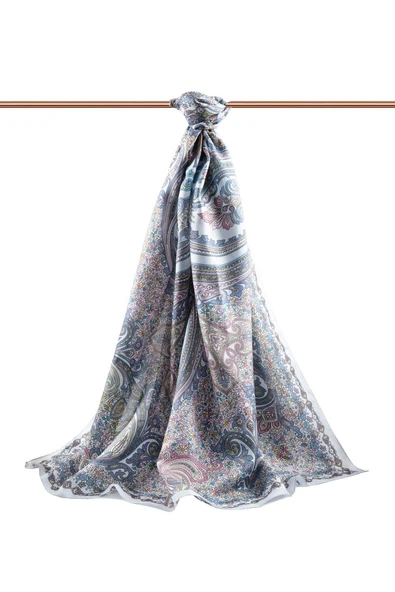 100% İpek Etro Desenli Bebe Mavisi - Pembe Renkli 92x210 Şal - Resim 2