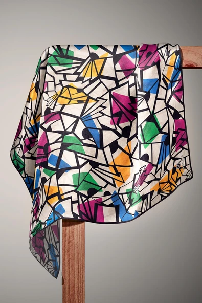 %100 Twill Renkli Petek Desenli Fuşya - Benetton Yeşili Renkli 90x90 Eşarp Dikim Şekli: El Dikişii - Resim 3