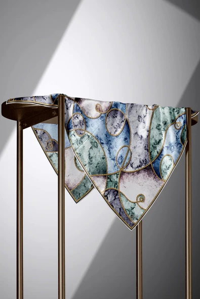 %100 Twill İpek Zincirli Mermer Desenli İndigo - Mint Yeşili Renkli 90x90 Eşarp Dikim Şekli : El Dikişi - Resim 5