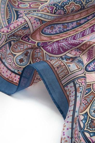 100% İpek Etro Desenli Saks - Pembe Renkli 92x210 Şal - Resim 4