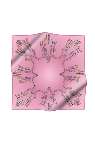 %100 Twill İpek Zincir Desenli Pudra Renkli 90x90 Eşarp Dikim Şekli : El Dikişi - Resim 2