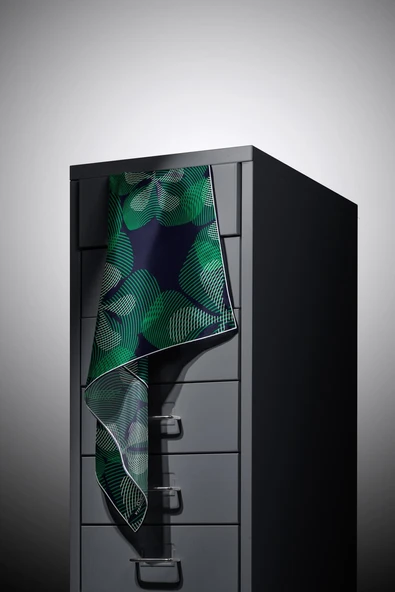 %100 Twill İpek Çizgili Çiçek Desenli Lacivert - Zümrüt Yeşili Renkli 90x90 Eşarp Dikim Şekli : El Dikişi - Resim 3