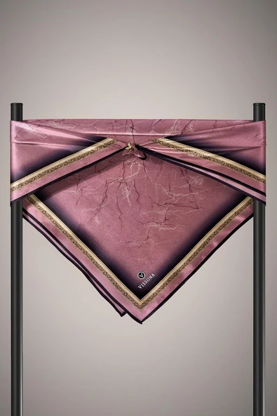 %100 Twill İpek Mermer Desenli Gül Kurusu Renkli 90x90 Eşarp Dikim Şekli : El Dikişi - Resim 4