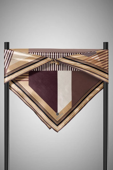%100 Twill İpek Geometrik Desenli Gold - Kahverengi Renkli 90x90 Eşarp Dikim Şekli : El Dikişi - Resim 5