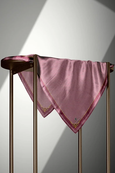 %100 Twill İpek Minik Motif Desenli Gül Kurusu - Krem Renkli 90x90 Eşarp Dikim Şekli : El Dikişi - Resim 5