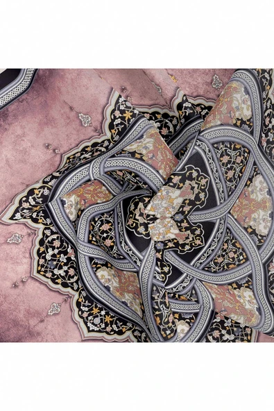 %100 Twill İpek Şal Desenli Pudra - Siyah Renkli 90x90 Eşarp Dikim Şekli : El Dikişi - Resim 6