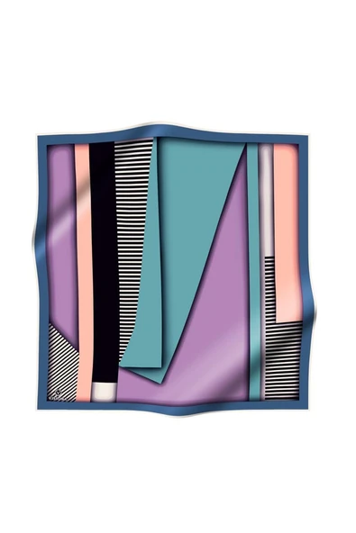 %100 Twill Renk Bloklu Çizgili Desenli Lila - İndigo Renkli 90x90 Eşarp Dikim Şekli: El Dikişii - Resim 2