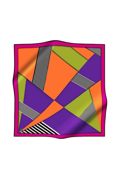 %100 Twill İpek Çizgili ve Geometrik Desenli Fuşya - Turuncu Renkli 90x90 Eşarp Dikim Şekli : El Dikişi - Resim 2