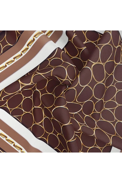%100 Twill İpek Zincir Desenli Kahverengi - Bej Renkli 90x90 Eşarp Kenar Dikiş Şekli El Dikişli - Resim 4