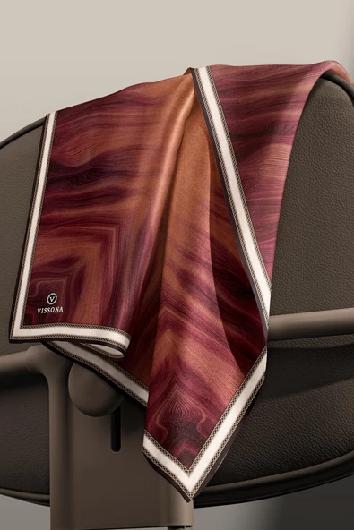 100% Twill İpek Monogram Desenli Taba Renkli 90x90 Dikim Şekli : El Dikişi Eşarp - Resim 3