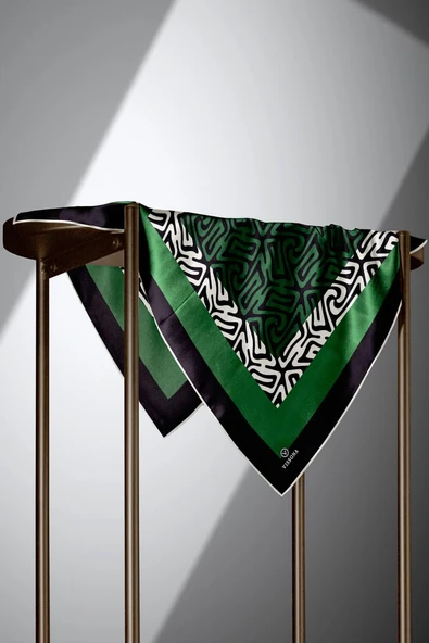 100% Twill İpek Bordürlü Dalga Desenli Siyah - Zümrüt Yeşili Renkli 90x90 Dikim Şekli : El Dikişi Eşarp - Resim 6
