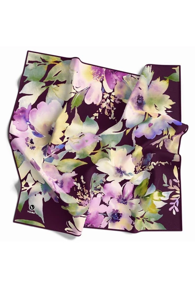 Kristal Büyük Çiçek Desenli Mürdüm Renkli 90x90 Eşarp (İpek İçermez) Kenar Dikiş Şekli El Dikişli ürün görseli