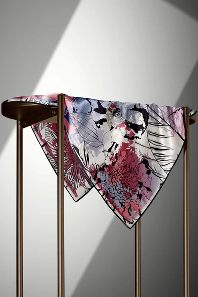 %100 Twill İpek Yaprak Desenli İndigo - Bordo Renkli 90x90 Eşarp Dikim Şekli : El Dikişi - Resim 4