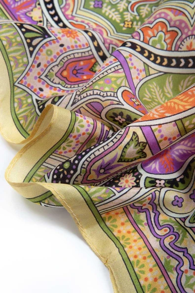 100% İpek Etro Desenli Limon Sarısı - Turuncu Renkli 92x210 Şal - Resim 4