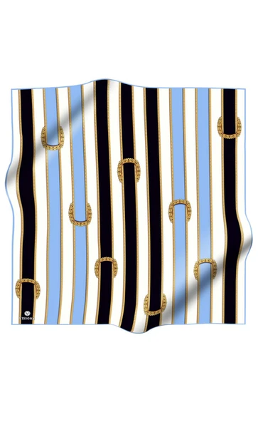 %100 Twill İpek Kemer Desenli Siyah - Bebe Mavisi Renkli 90x90 Eşarp Dikim Şekli : El Dikişi - Resim 2